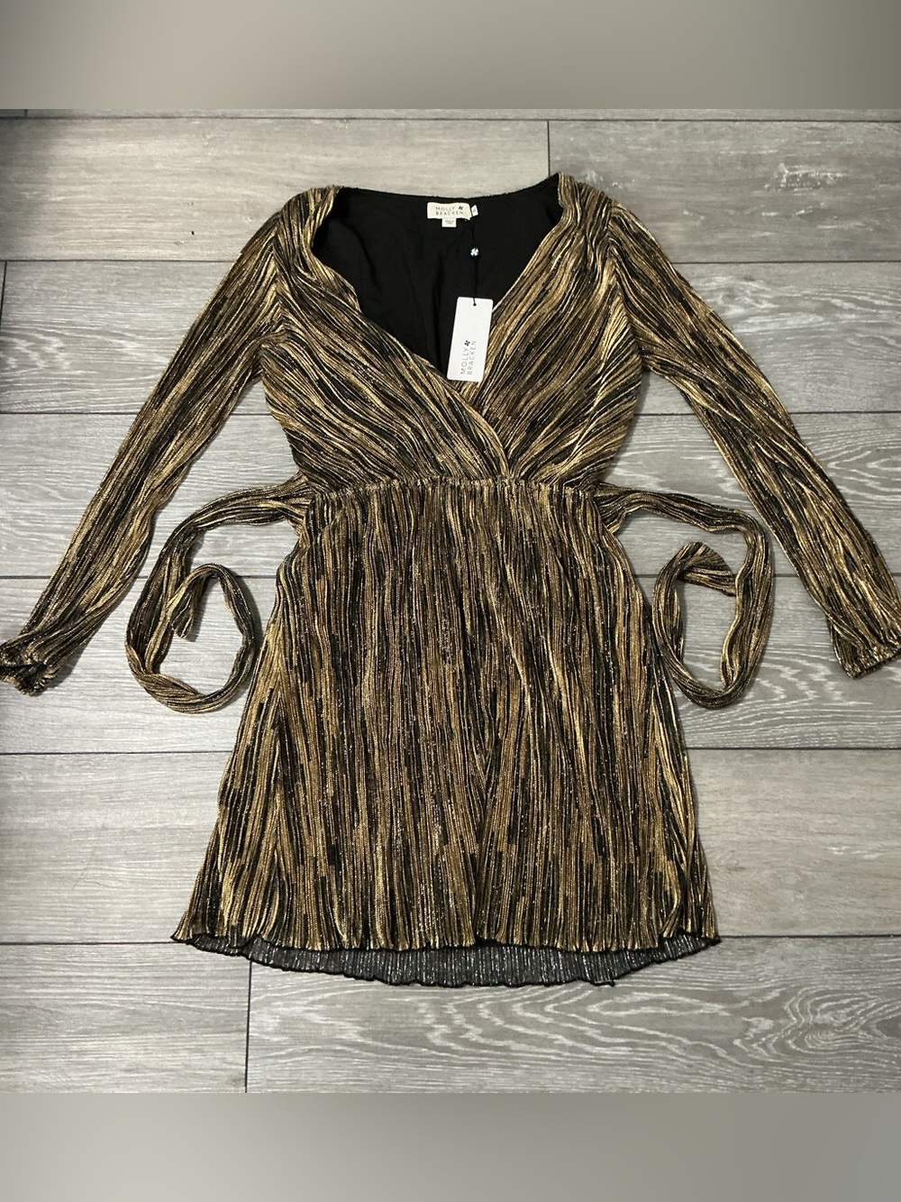 NWT Molly Bracken Metallic Gold Black Long Sleeve Woven Dress XS
